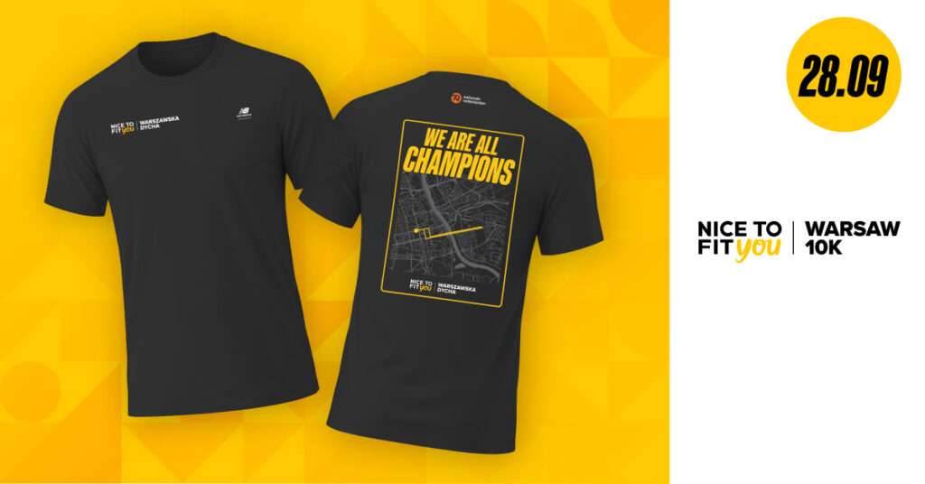 Koszulka biegu na 10km. Czarna koszulka New Balance z krótkim rękawem z konturem trasy na 10 km